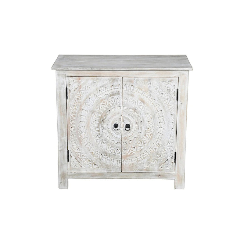 Armoire d'appoint deux portes sculptée à la main, finition blanchie