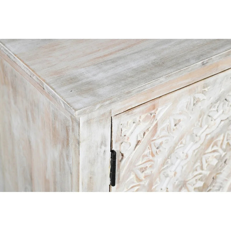 Armoire d'appoint deux portes sculptée à la main, finition blanchie