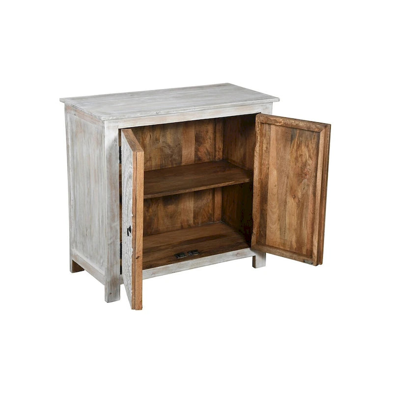 Armoire d'appoint deux portes sculptée à la main, finition blanchie