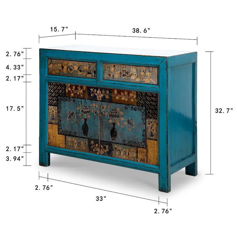 Meuble à fleurs indigo antique avec deux tiroirs 38,5L x 16P x 33H