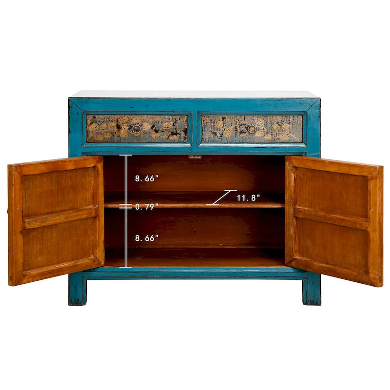 Meuble à fleurs indigo antique avec deux tiroirs 38,5L x 16P x 33H