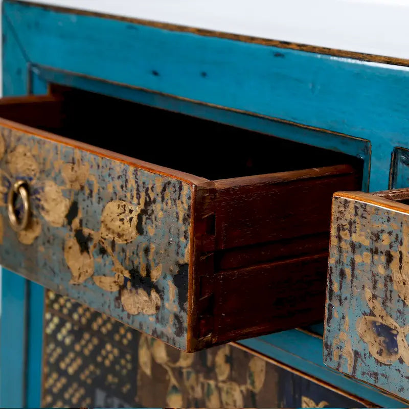 Meuble à fleurs indigo antique avec deux tiroirs 38,5L x 16P x 33H