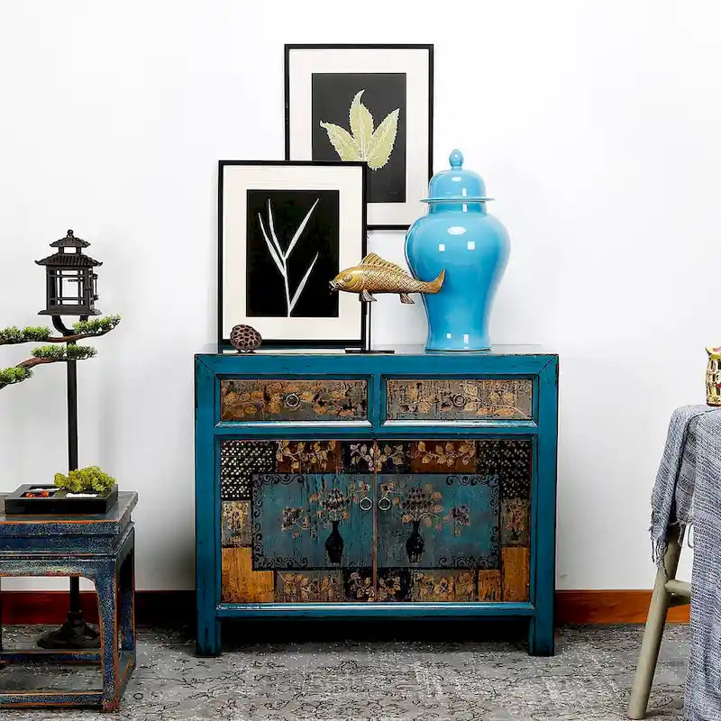 Meuble à fleurs indigo antique avec deux tiroirs 38,5L x 16P x 33H