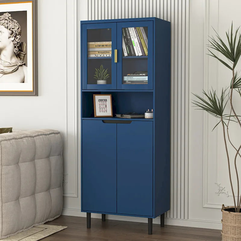 Haut meuble de rangement vitré avec 2 portes vitrées et 2 portes, buffet de cuisine haut avec poignées dorées