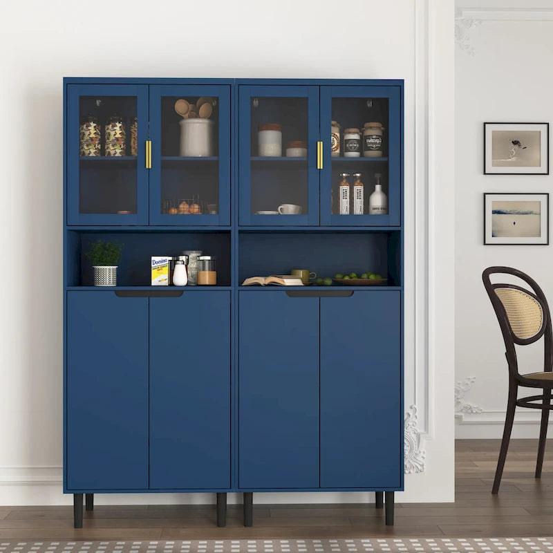 Haut meuble de rangement vitré avec 2 portes vitrées et 2 portes, buffet de cuisine haut avec poignées dorées