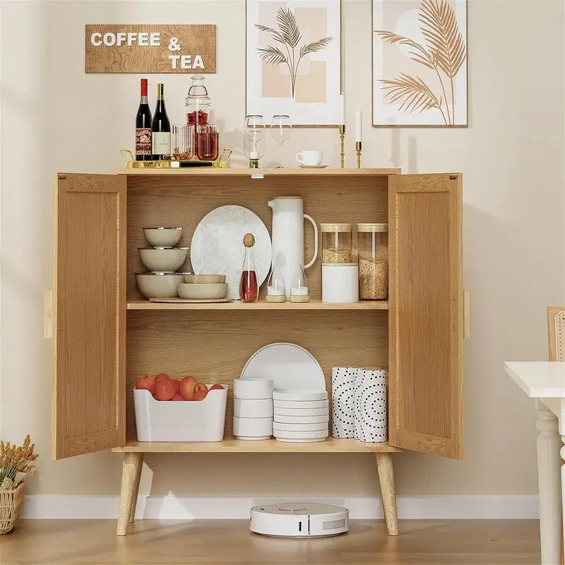 Meuble Buffet avec Étagère Réglable et Portes en Bois Motif Chevrons, Naturel
