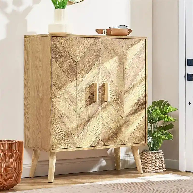 Meuble Buffet avec Étagère Réglable et Portes en Bois Motif Chevrons, Naturel