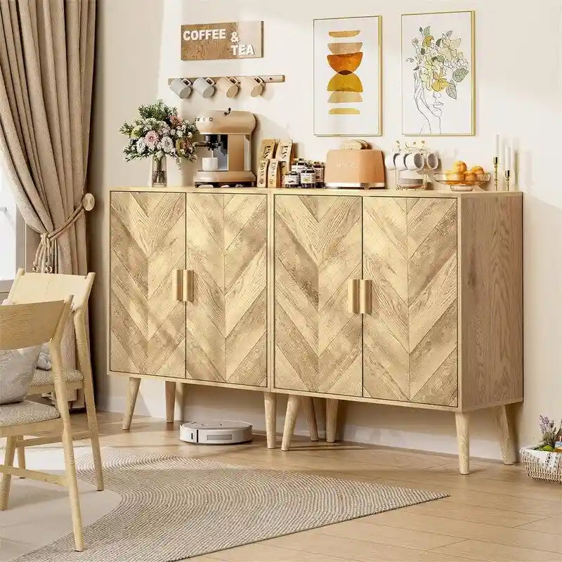 Meuble Buffet avec Étagère Réglable et Portes en Bois Motif Chevrons, Naturel