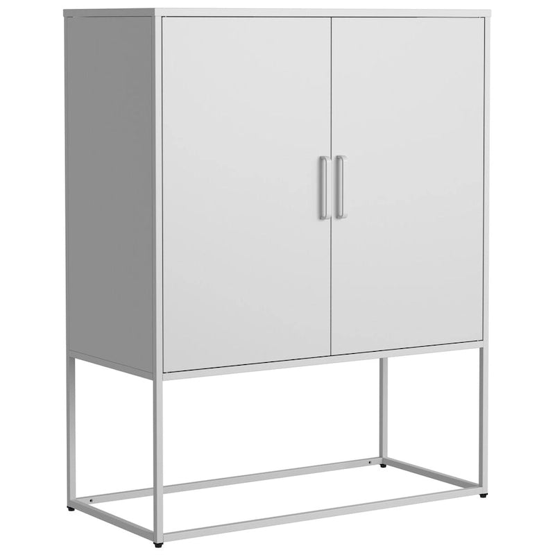 Meuble de rangement métallique avec étagères réglables, portes magnétiques et pieds hauts