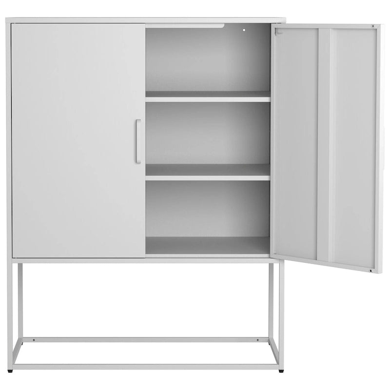 Meuble de rangement métallique avec étagères réglables, portes magnétiques et pieds hauts