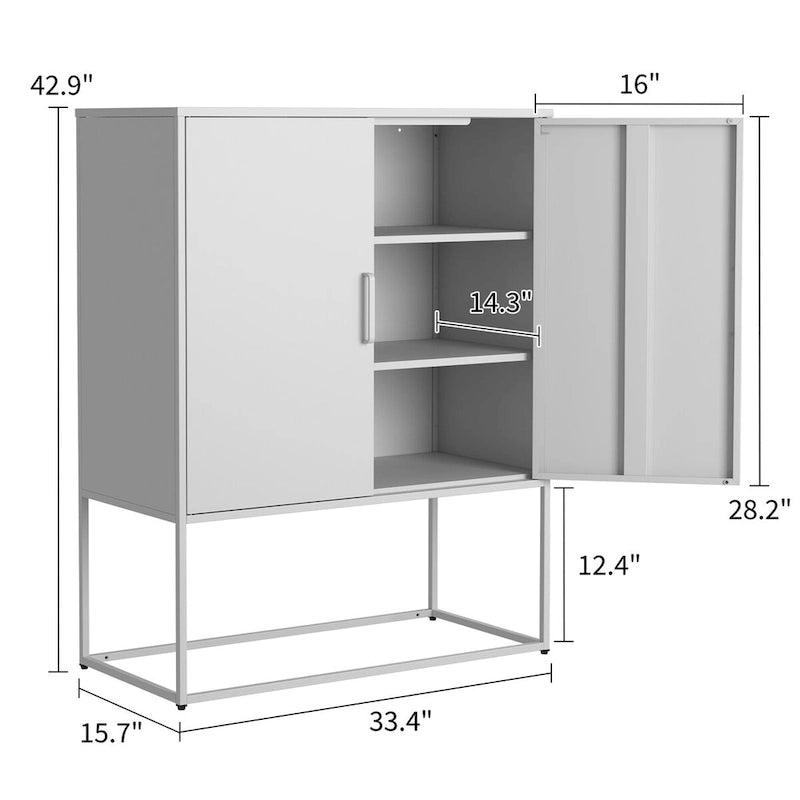 Meuble de rangement métallique avec étagères réglables, portes magnétiques et pieds hauts