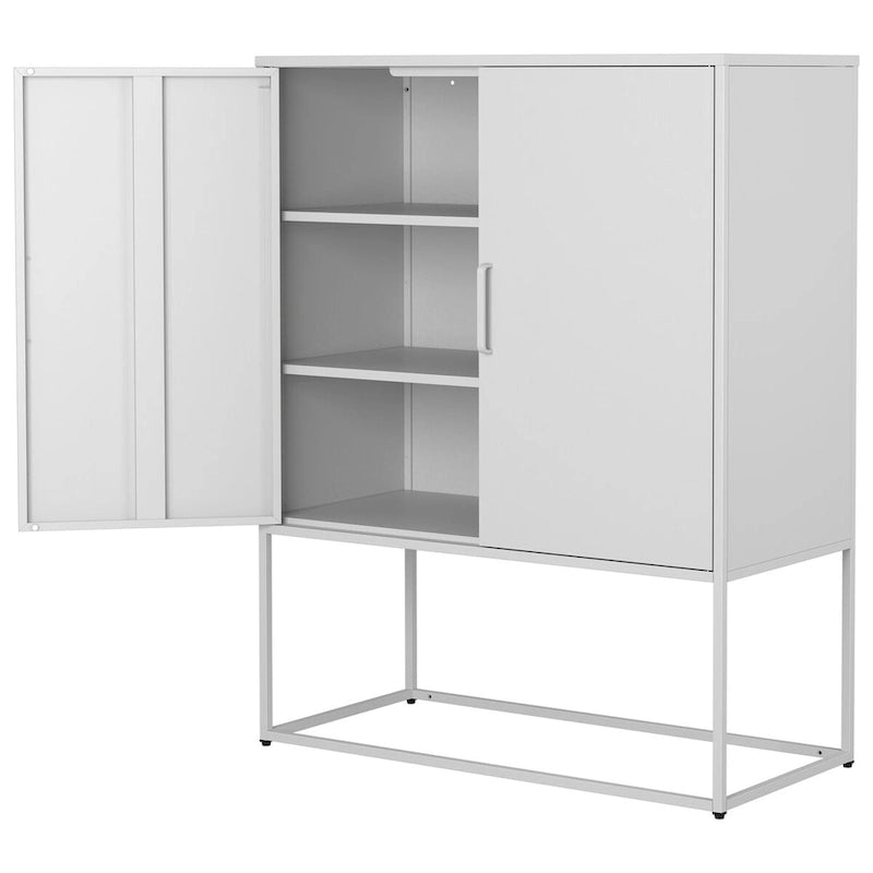 Meuble de rangement métallique avec étagères réglables, portes magnétiques et pieds hauts